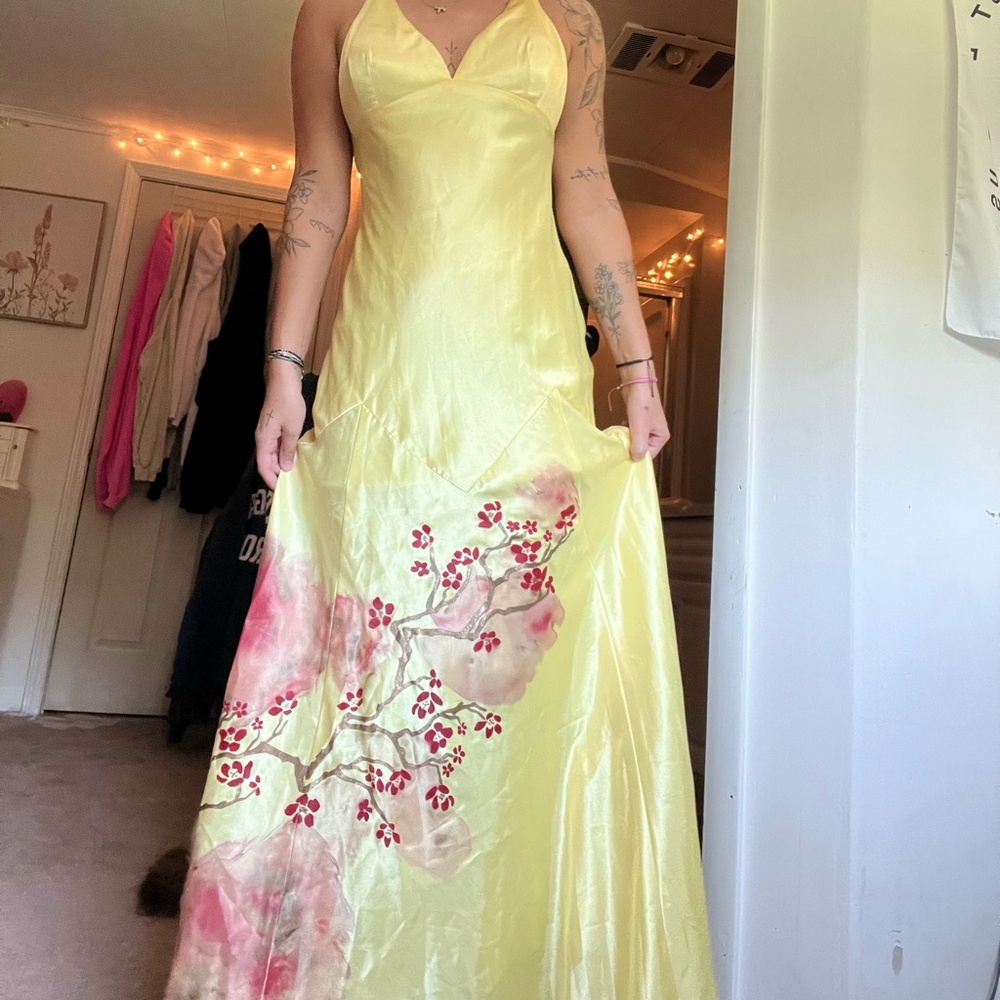 Vintage Yellow Floral Satin Dress